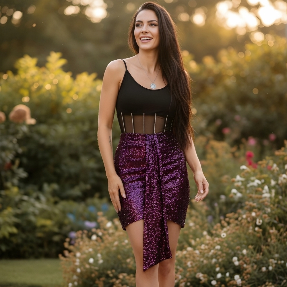 Windsor ✦ Purple Sequin Draped Mini Skirt ✦ High-Rise Pleated Side Detail M NWT - Picture 7 of 10